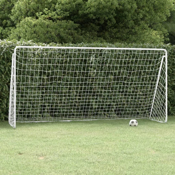 Large white football goal with powder-coated steel frame and soccer ball on green grass