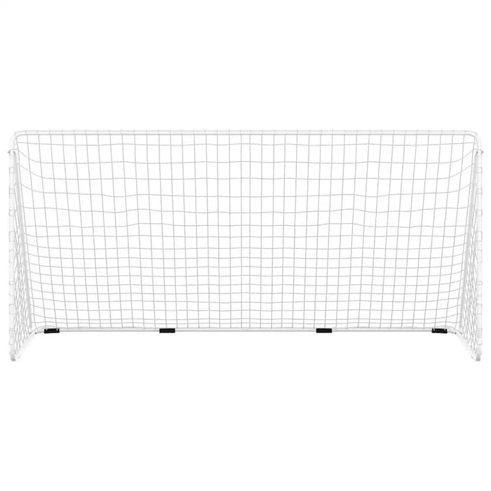 Large white football goal with powder-coated steel frame and net, studio background