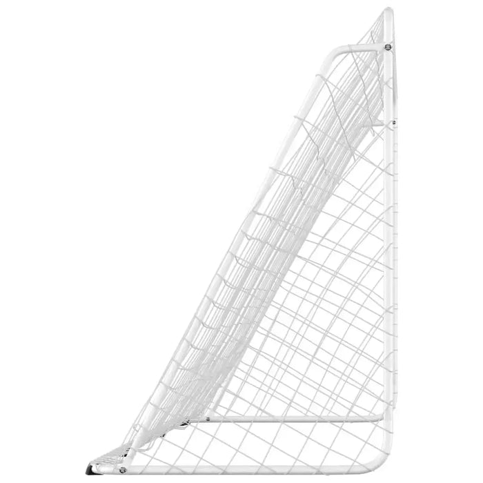 Large white football goal with powder-coated steel frame and net, side view