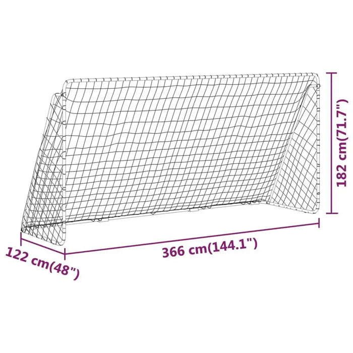 Large white football goal with powder-coated steel frame, 366x182 cm, line drawing with measurements