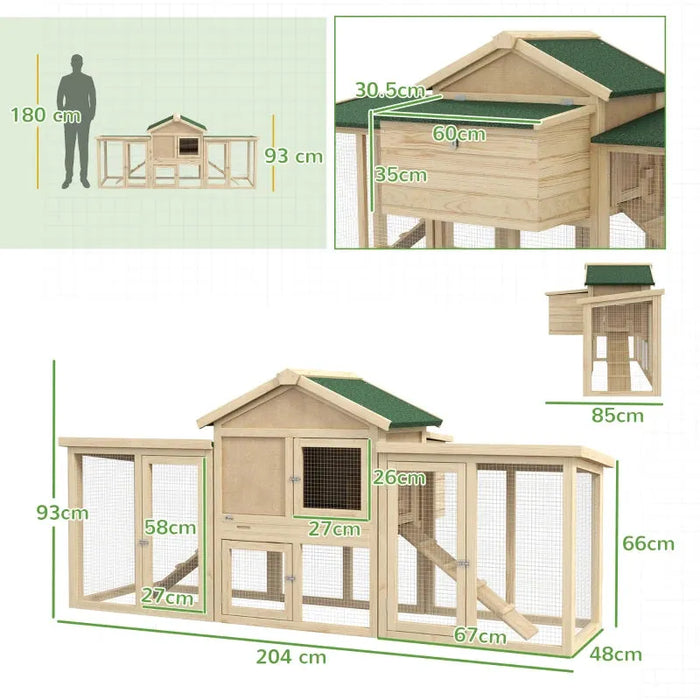 Large Wooden Chicken Coop with Run with Nesting Box (204 x 85 x 93cm) - Little and Giant Explorers PawHut