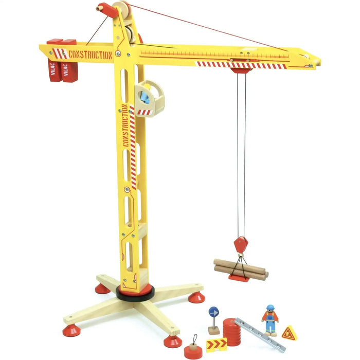 Large yellow wooden construction crane toy with accessories and construction worker figure