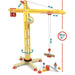 Large yellow wooden construction crane toy with accessories, 80 cm tall, Vilac brand.