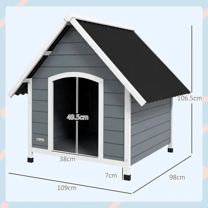 Large grey and black wooden dog kennel with slanted roof and dimensions in centimeters