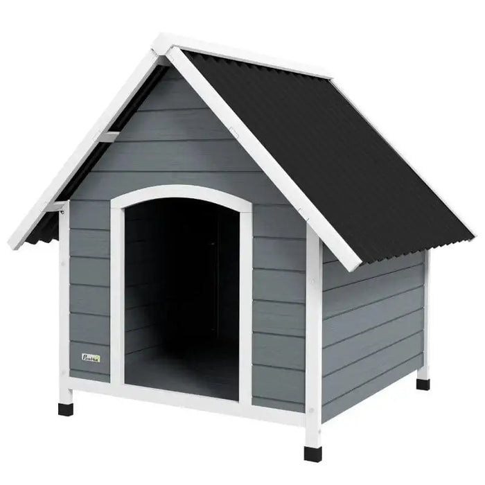 Large grey and black wooden dog kennel with slanted roof for outdoor pet housing