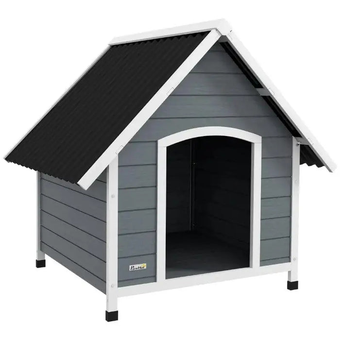 Large grey and black wooden dog kennel with slanted roof, outdoor pet house design