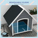 Grey and black wooden dog kennel with slanted roof, removable floor, outdoor pet house