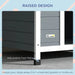 Grey and black wooden dog kennel with raised design and adjustable foot pad for outdoor use