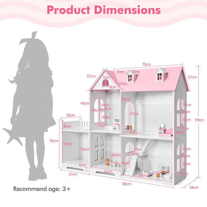 Large Wooden Dolls House Bookshelf with Furniture and Accessories in Pink - Little and Giant Explorers Costway