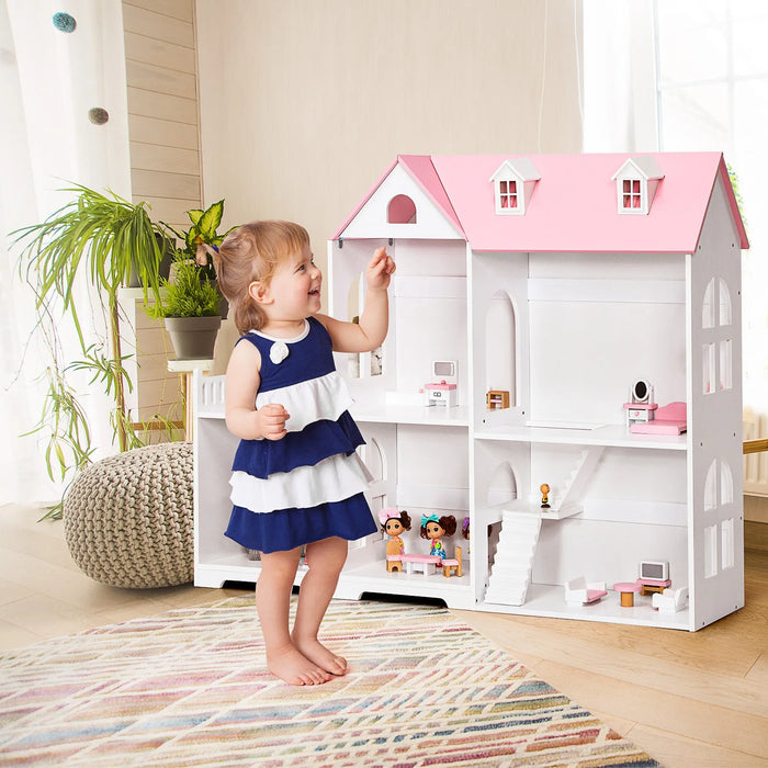 Large Wooden Dolls House Bookshelf with Furniture and Accessories in Pink - Little and Giant Explorers Costway