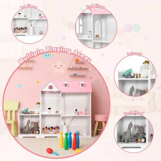 Large Wooden Dolls House Bookshelf with Furniture and Accessories in Pink - Little and Giant Explorers Costway