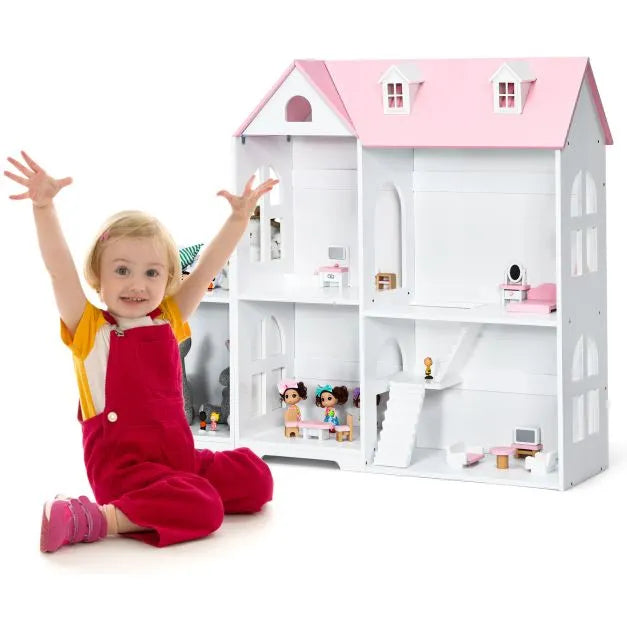 Large Wooden Dolls House Bookshelf with Furniture and Accessories in Pink - Little and Giant Explorers Costway