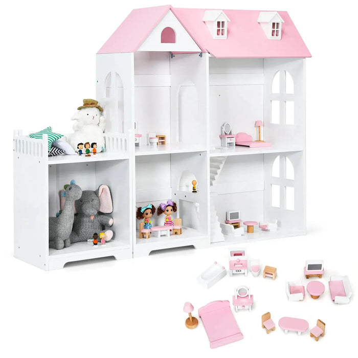 Large Wooden Dolls House Bookshelf with Furniture and Accessories in Pink - Little and Giant Explorers Costway