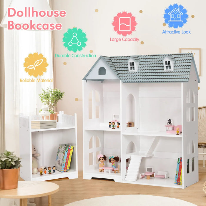 Large Wooden Dolls House Bookshelf with Furniture and Accessories in Grey - Little and Giant Explorers Costway