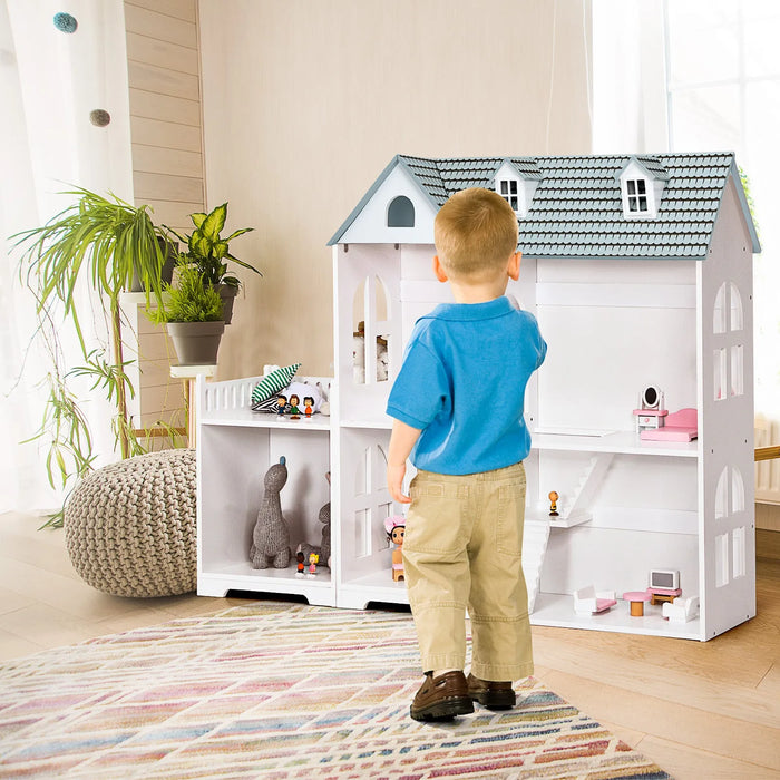 Large Wooden Dolls House Bookshelf with Furniture and Accessories in Grey - Little and Giant Explorers Costway