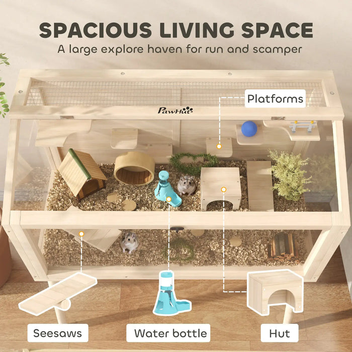 Hamster cage with various features labeled, including platforms, seesaws, water bottle, and hut, on a wooden floor.