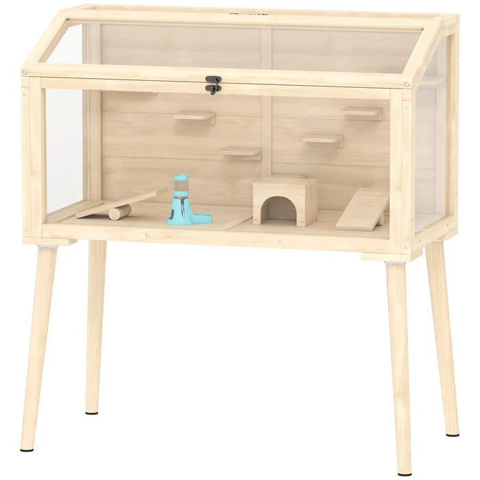 Wooden pet cage with transparent sides on a white background