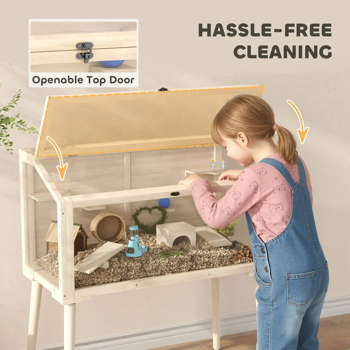 Person interacting with a pet enclosure with openable top door, emphasizing hassle-free cleaning.