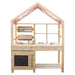 Wooden play kitchen set with house-shaped roof on a white background