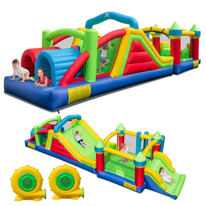 Colorful inflatable obstacle course with kids climbing, sliding, and playing, includes two yellow blowers