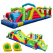 Colorful inflatable obstacle course with kids climbing, sliding, and playing, includes two yellow blowers
