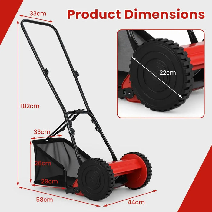 Red and black lawn mower with dimensions labeled on a white background