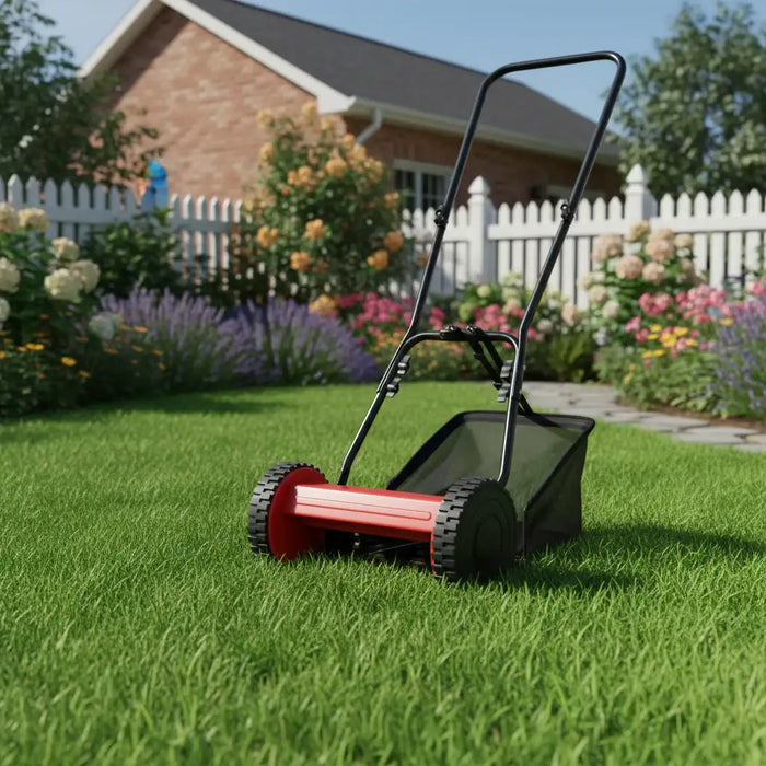 Red lawn mower on a green lawn with a house and garden in the background