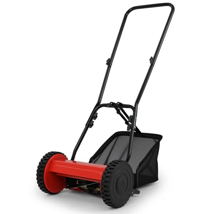 Red and black lawn mower on a white background