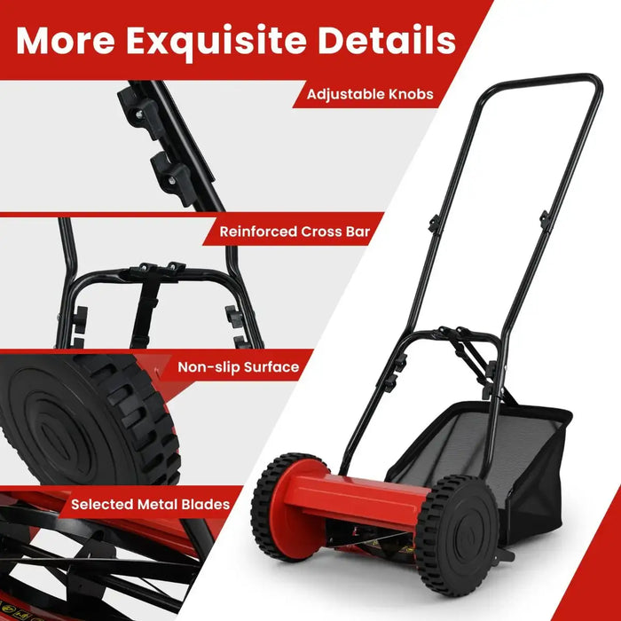 Red and black lawn mower with highlighted features on a white background