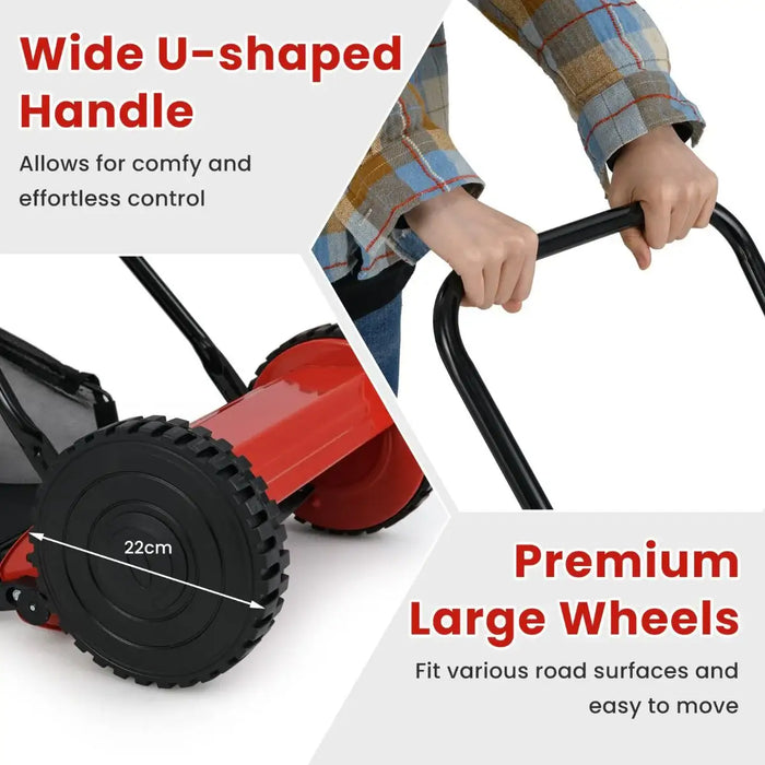 Person using a lawn mower with highlighted wide U-shaped handle and large wheels on a white background.