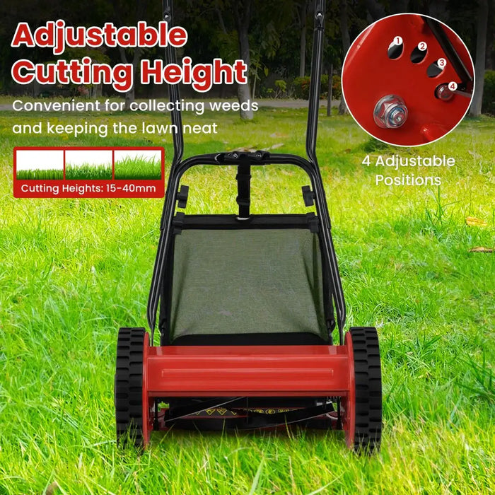 Red lawn mower with adjustable cutting height feature on a grassy background