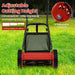 Red lawn mower with adjustable cutting height feature on a grassy background