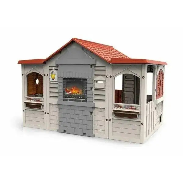 French-inspired kids playhouse with red roof, faux fireplace, and window flower boxes