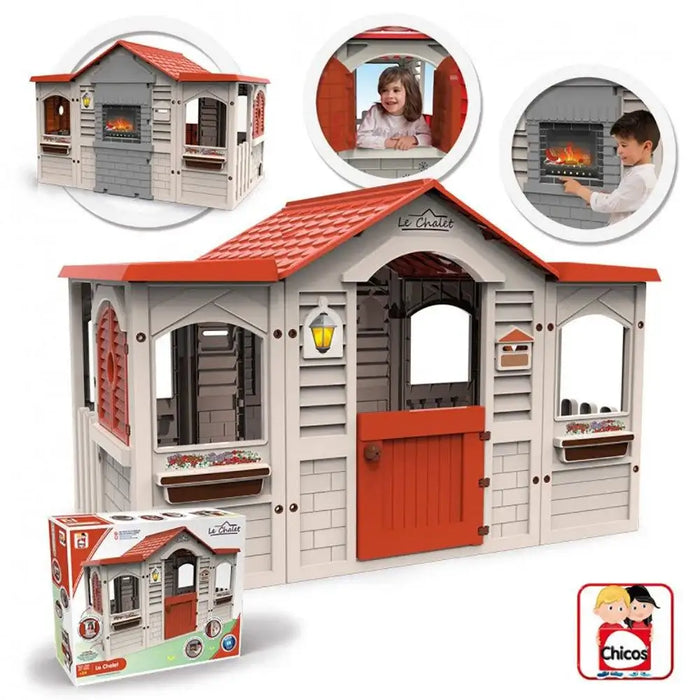 Le Chalet French-inspired playhouse with red roof, grey walls, and window flower boxes.