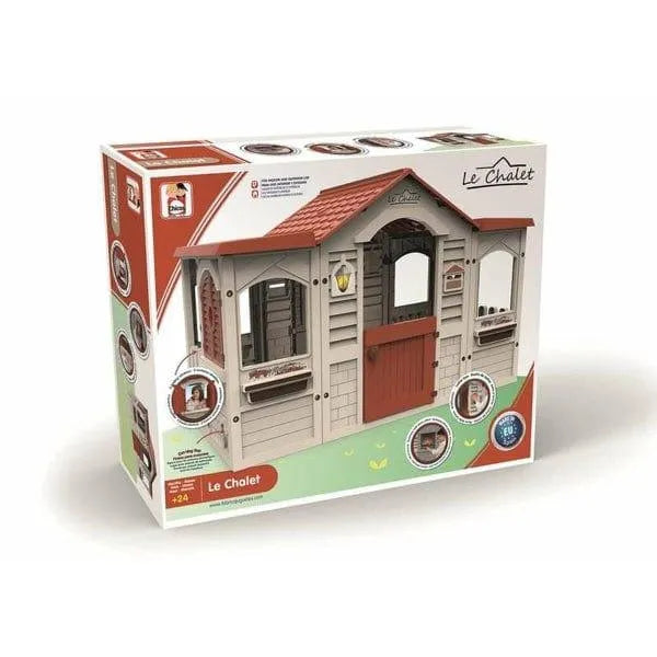 Le Chalet French-inspired playhouse toy box with red roof and beige cottage design