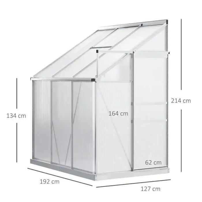 Lean-to greenhouse 6x4ft with aluminum frame, sliding door, and labeled dimensions