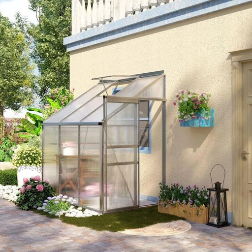 Lean-to greenhouse 6x4ft with aluminium frame and sliding door mounted on garden wall