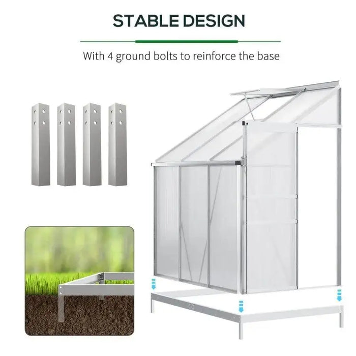 Lean-to greenhouse with aluminum frame, sliding door, four ground bolts, and stable base