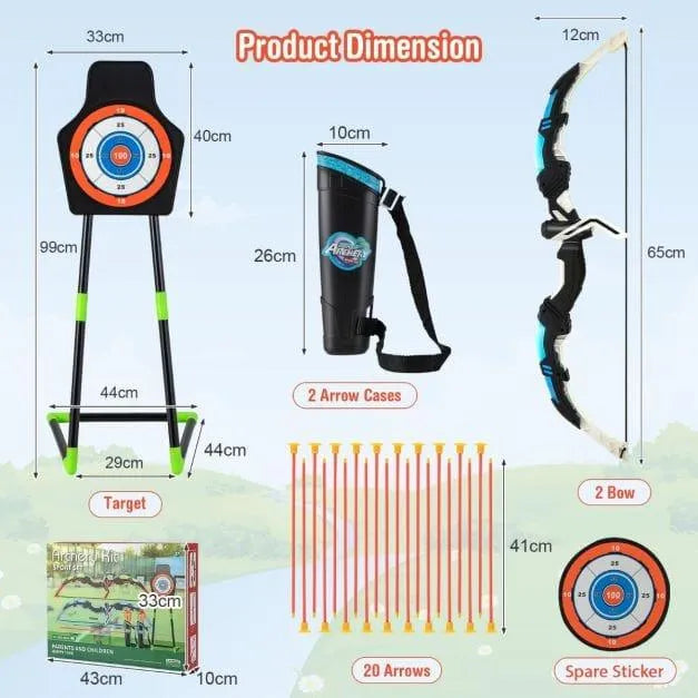 LED archery set for kids with two bows, 20 suction arrows, quivers, and target, product dimensions displayed.
