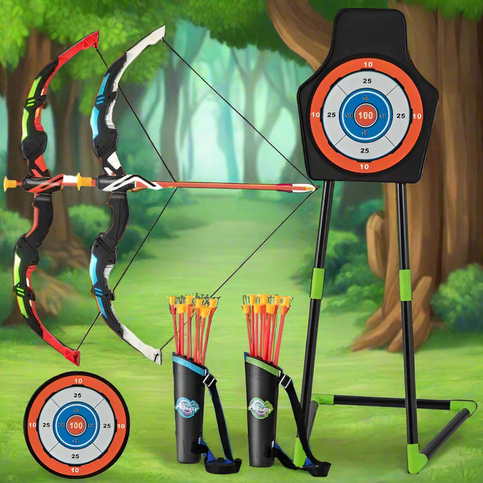 LED archery set for kids with two bows, suction arrows, dual quivers, and target outdoors