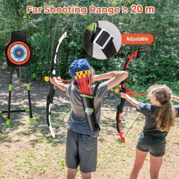 Kids aiming LED archery set bows with suction arrows at outdoor target, adjustable quivers shown.