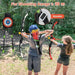 Kids aiming LED archery set bows with suction arrows at outdoor target, adjustable quivers shown.