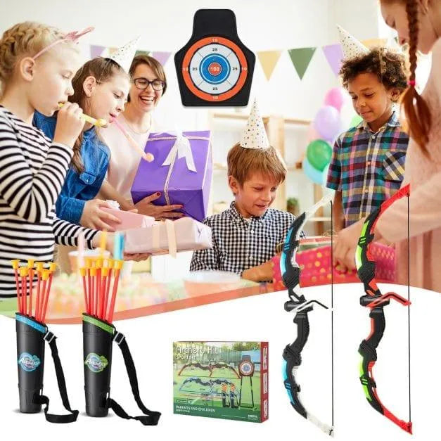Kids birthday party with LED archery set, bows, quivers, suction arrows, and target