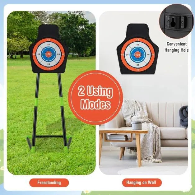 Kids LED archery target shown freestanding outdoors and hanging on a wall indoors