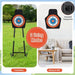 Kids LED archery target shown freestanding outdoors and hanging on a wall indoors
