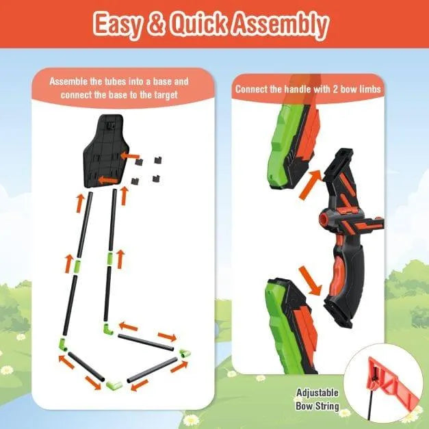 Easy assembly guide for kids LED archery set with bow, limbs, and target parts shown.