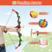 Child using LED archery set with bow, suction arrows, and close-ups of arrow features.