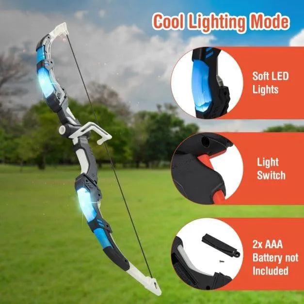 LED archery bow for kids with glowing soft lights, battery slot, and light switch outdoors