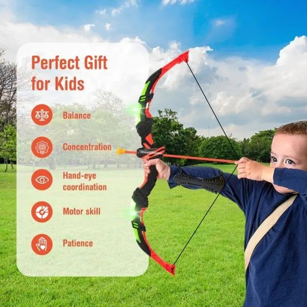 Child using LED archery set for kids in park, benefits list shown, sunny outdoor scene