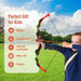Child using LED archery set for kids in park, benefits list shown, sunny outdoor scene